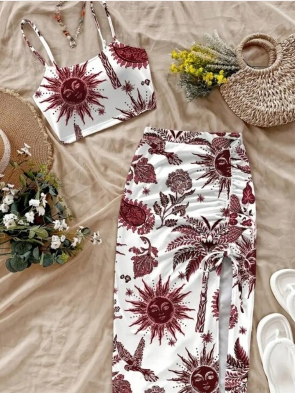 Ladies Two-Piece Sun & Palm Print Skirt Set - White & Burgundy Size Large